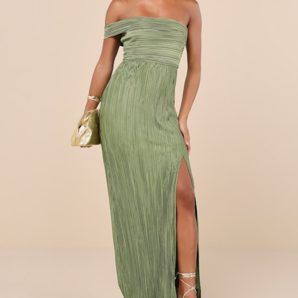 Lulus Poised Performance Olive Green Plisse One-shoulder Maxi Dress - Size S